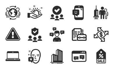 Sale coupon, Notebook and Browser window icons simple set. Sunny weather, People insurance and Conversation messages signs. Payment exchange, Smile and Global business symbols. Flat icons set. Vector
