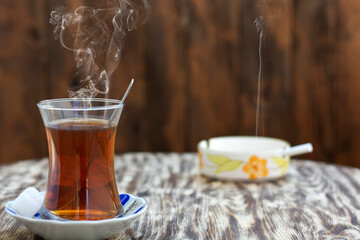 Turkish hot tea in a glass brew in a historical place