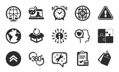 Romantic talk, Return package and Swipe up icons simple set. Info, Accounting checklist and 5g internet signs. World planet, Sale tags and Alarm clock symbols. Puzzle, 360 degree and Spanner. Vector