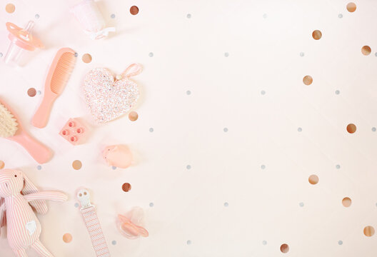 Cute Pink Baby Shower Flat Lay Background