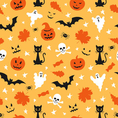 Halloween seamless pattern with bats, skull with crossbones, pumpkin, spider, ghost, cat, stars and leaves on an orange background. Wallpaper, wrapping, packaging, texture, paper. Vector illustration