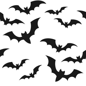 Halloween seamless pattern with black bats on white background. Endless background, wallpaper, wrapping, packaging, texture, paper. Vector illustration in flat style.