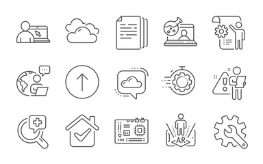 Online education, Motherboard and Swipe up line icons set. Medical analyzes, Copy documents and Settings blueprint signs. Cloud communication, Cloudy weather and Seo timer symbols. Vector