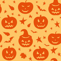 Halloween seamless pattern with orange pumpkin on yellow background. Endless background, wallpaper, wrapping, packaging, texture, paper. Vector illustration in flat style.