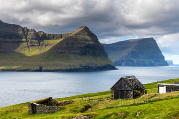 Wooden old houses in Vidareidis, Faroe Islands