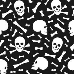 Halloween seamless pattern with skull crossbones on black background. Endless background, wallpaper, wrapping, packaging, texture, paper. Vector illustration in outline style.