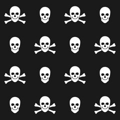 Halloween seamless pattern with skull crossbones on black background. Endless background, wallpaper, wrapping, packaging, texture, paper. Vector illustration in flat style.