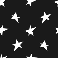 Seamless pattern with white stars on black background. Endless background, wallpaper, wrapping, packaging, texture, paper. Vector illustration in flat style.