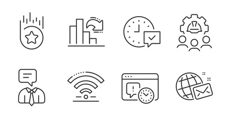 Decreasing graph, Wifi and World mail line icons set. Engineering team, Support service and Select alarm signs. Project deadline, Loyalty star symbols. Column chart, Wireless internet, Chat. Vector