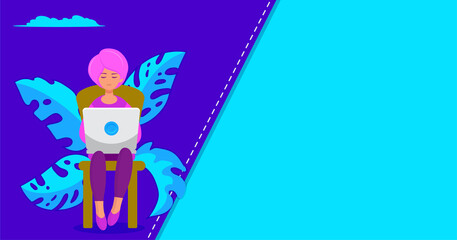 stylish girl with pink hairstyle sits on chair next to monstera on her knees laptop, distance learning student, freelancer at remote work vector mockup for web pages purple and blue background eps 10