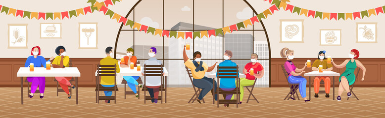 mix race people in medical masks drinking beer in pub Oktoberfest party celebration coronavirus quarantine concept friends having fun horizontal full length vector illustration