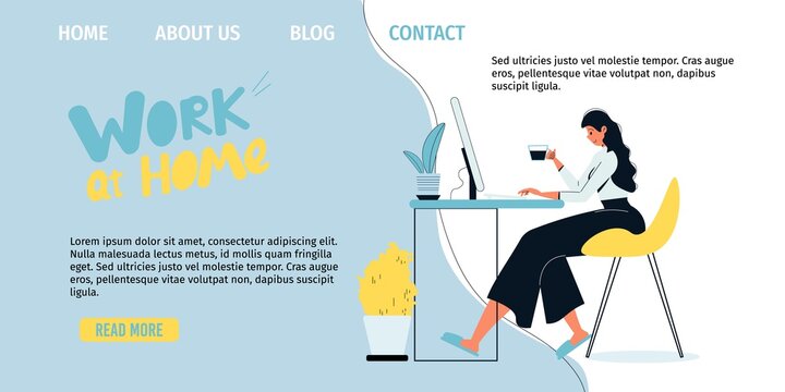 Young businesswoman work at home desk drink coffee. E-business, online coworking space for colleague cooperation. Freelance routine. Online communication collaboration. Landing page layout