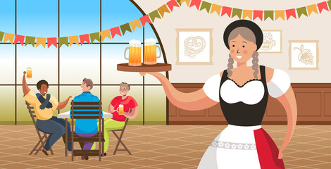 waitress serving beer for mix race men in bar Oktoberfest party celebration concept friends sitting at table having fun horizontal vector illustration
