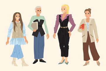 Women in business suits, employees of the company, different dress codes, came to work. Vector flat illustration