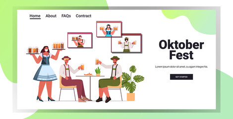 waitress in mask serving beer for men in bar Oktoberfest party celebration coronavirus pandemic concept friends sitting at table having fun horizontal copy space vector illustration