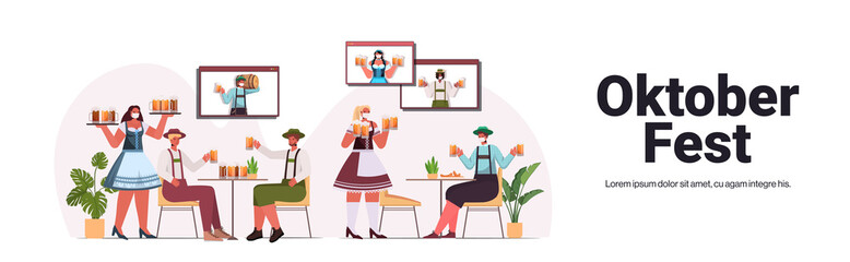 waitresess in masks serving beer for men in bar Oktoberfest party celebration coronavirus pandemic concept people discussing during video call horizontal copy space vector illustration