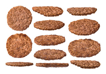 Large set of burger cutlets isolated on white background. Meat from different angles