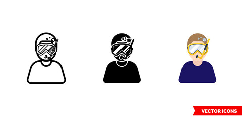 Diver frogman plunger icon of 3 types color, black and white, outline. Isolated vector sign symbol.