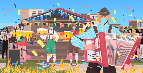 musician playing accordion mix race people having fun octoberfest party celebration open air outdoor festival cityscape background full length horizontal vector illustration