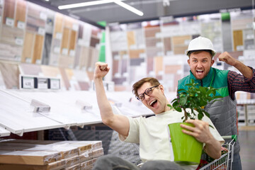 comic customer and salesman enjoy time in store, have fun, going crazy, man in uniform driving...