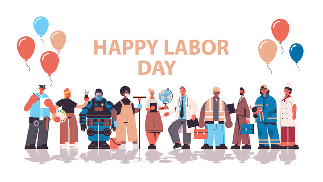 people of different occupations celebrating labor day mix race workers wearing masks to prevent coronavirus pandemic lettering greeting card horizontal full length copy space vector illustration