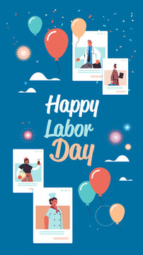 people of different occupations celebrating labor day mix race men women in web browser windows online communication self isolation concept portrait vertical vector illustration