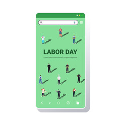 people of different occupations celebrating labor day mix race workers wearing masks to prevent coronavirus pandemic smartphone screen full length copy space vector illustration