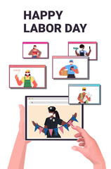people of different occupations celebrating labor day mix race workers in web browser windows online communication self isolation concept portrait vertical vector illustration