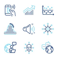 Technology icons set. Included icon as Multichannel, Demand curve, Dot plot signs. Bitcoin pay, Loud sound, Face biometrics symbols. Roller coaster, World communication line icons. Vector
