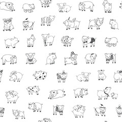Seamless hand drawn vector pattern with cute little funny pigs animals in carnaval celebration costumes in line graphic.