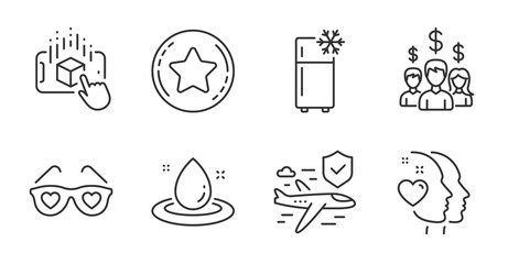Fuel energy, Heart and Refrigerator line icons set. Love glasses, Loyalty star and Salary employees signs. Flight insurance, Augmented reality symbols. Petroleum, Love head, Kitchen fridge. Vector