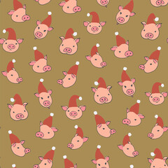 Fototapeta premium Winter Christmas seamless hand drawn vector pattern with cute little funny pigs heads.