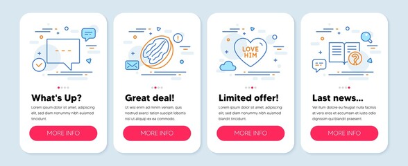 Set of line icons, such as Pecan nut, Love him, Blog symbols. Mobile screen mockup banners. Help line icons. Vegetarian food, Sweetheart, Chat message. Documentation. Pecan nut icons. Vector