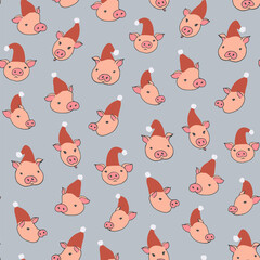 Fototapeta premium Winter Christmas seamless hand drawn vector pattern with cute little funny pigs heads.