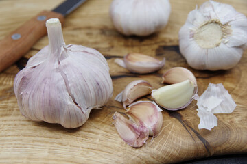 Organic garlic. Fresh garlic cloves and garlic bulb on a wooden cutting board. Garlic for healthy eating. Concept of spices for healthy cooking. Closeup