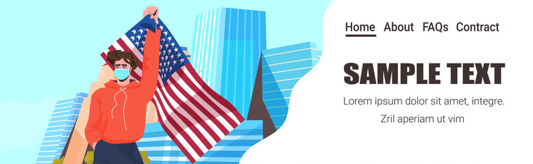 man in mask holding USA flag labor day celebration coronavirus quarantine concept cityscape background portrait horizontal copy space vector illustration