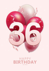 Happy 36th birthday with realistic red and rosegold balloons on light rose background. Set for Birthday, Anniversary, Celebration Party. Vector stock.
