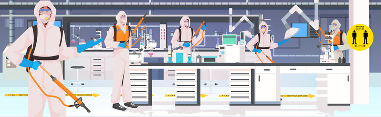 professional cleaners in hazmat suits janitors cleaning and disinfecting coronavirus cells chemical laboratory interior horizontal full length vector illustration
