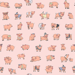 Seamless hand drawn vector pattern with cute little funny pigs animals in carnaval celebration costumes.