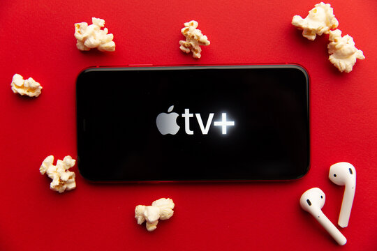 Tula, Russia - September 08, 2020: Apple TV Plus logo on iPhone display