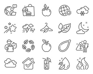Nature icons set. Included icon as Slow fashion, Snow weather, Cloudy weather signs. Eco food, Fire energy, Apple symbols. Leaf dew, Water drop, Pumpkin seed. Organic tested, Water glass. Vector