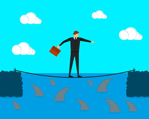 Businessman tightrope walker keeps balance on the tightrope. Sharks swim under it. Vector illustration. 
