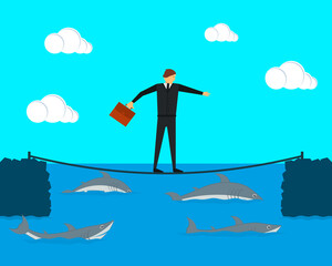 Businessman tightrope walker keeps balance on the tightrope. Sharks swim under it. Vector illustration. 
