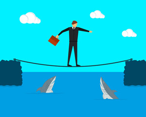 Businessman tightrope walker keeps balance on the tightrope. Sharks swim under it. Vector illustration. 