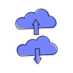 Cloud Download. Vector illustration of upload and download documents, information into the cloud cartoon style on white isolated background.