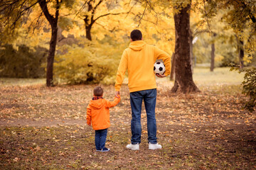 Obraz premium Father and toddler son walking holding hands in autumn forest or park, view from behind. Dad and child going to play football together, dad carrying soccer ball. Active family leisure concept