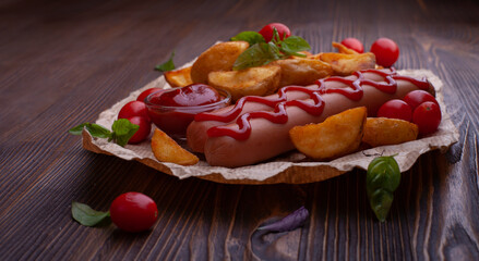Delicious sausages with fried potatoes and ketchup on a wooden table