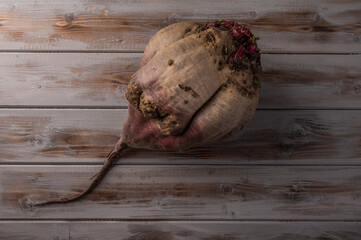 Big ugly organic ripe beetroot on a wooden background, close up, top view