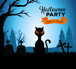 happy halloween banner with black cat in cemetery vector illustration design