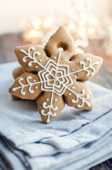 Christmas homemade gingerbread cookies on wooden table
